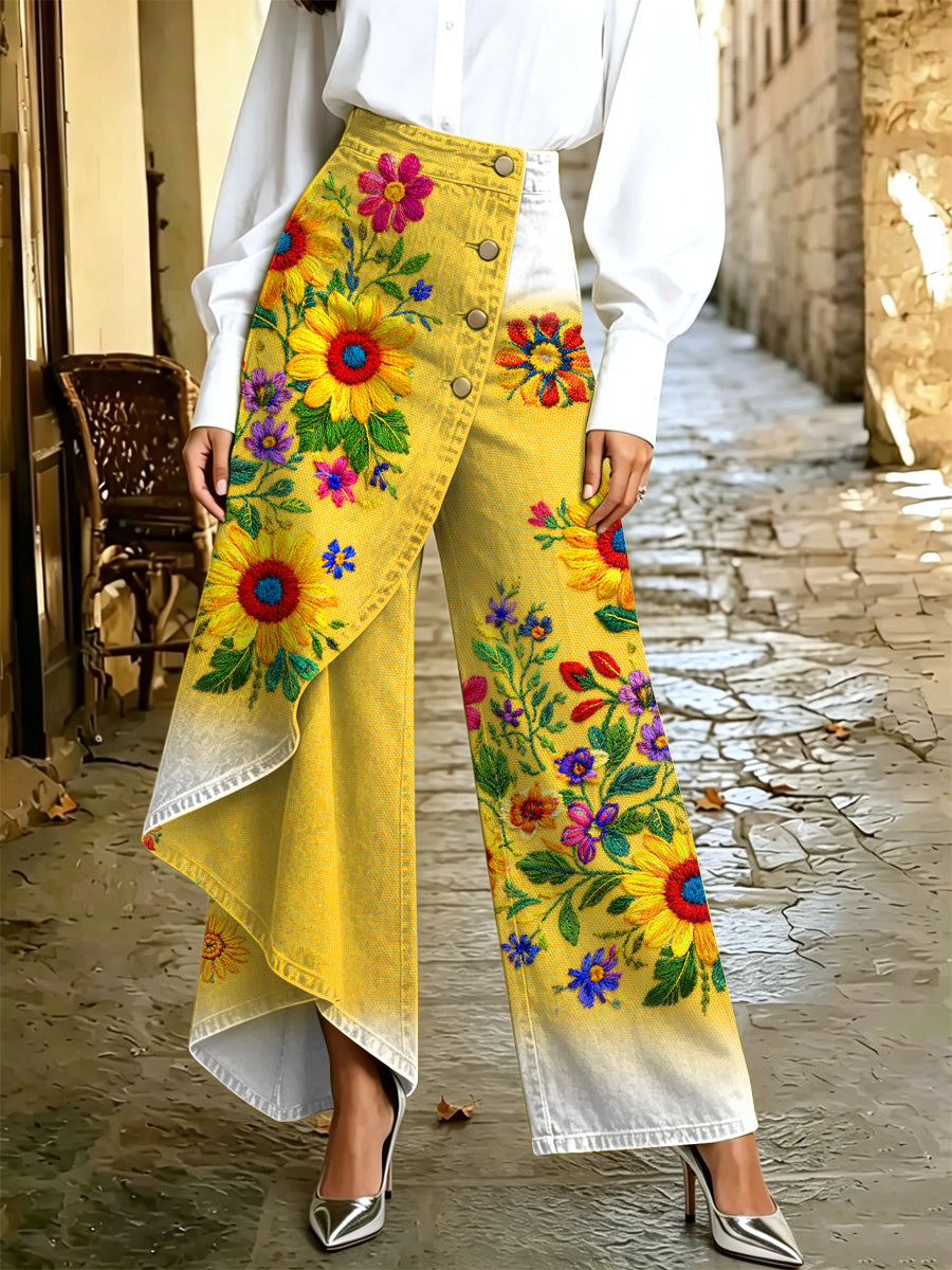 Women's Retro Hippie Art Print Casual Style Irregular Wide Leg Pants